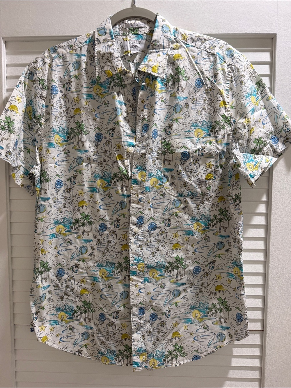 J. Crew White Short-Sleeve Button-Down Shirt with Blue, Green & Yellow Print